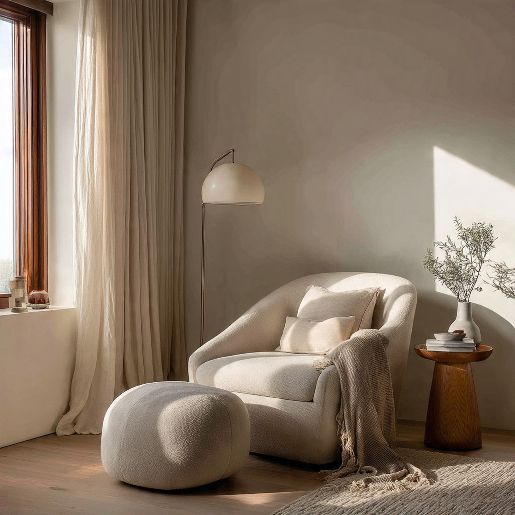 Bedroom retreat with a cozy armchair reading nook, soft lighting, and calm decor creating a private escape