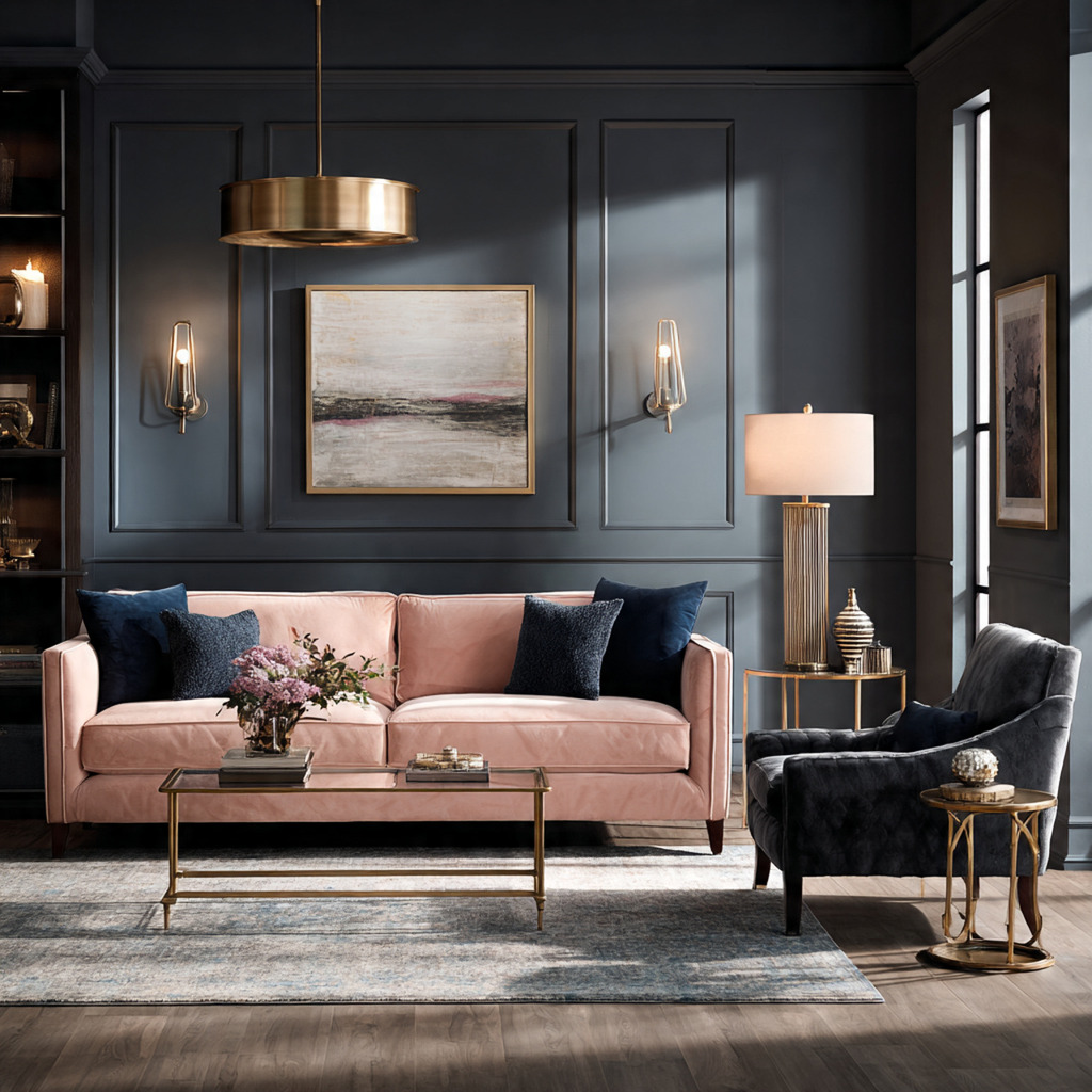 Blush sofa styled with charcoal gray, brass accents, and deep navy pillows for a sophisticated living room palette