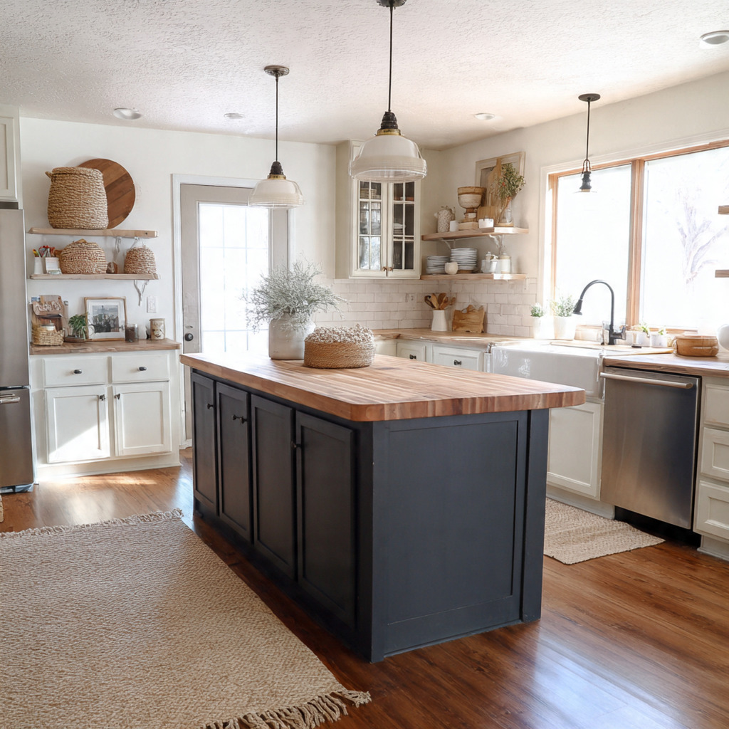 Budget-friendly modern farmhouse kitchen island with shiplap and butcher block top