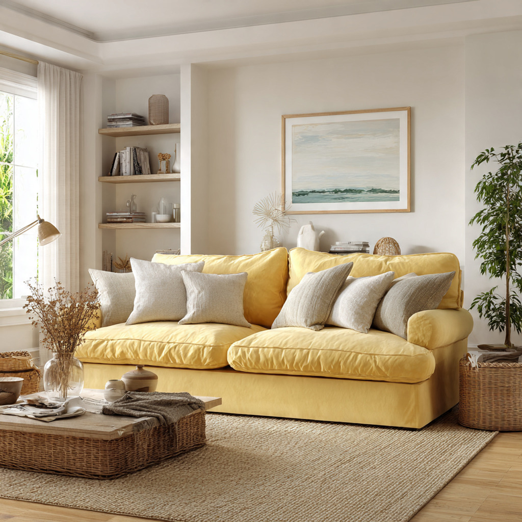 Butter yellow sofa creating a cheerful and inviting living room with a warm, family-friendly feel