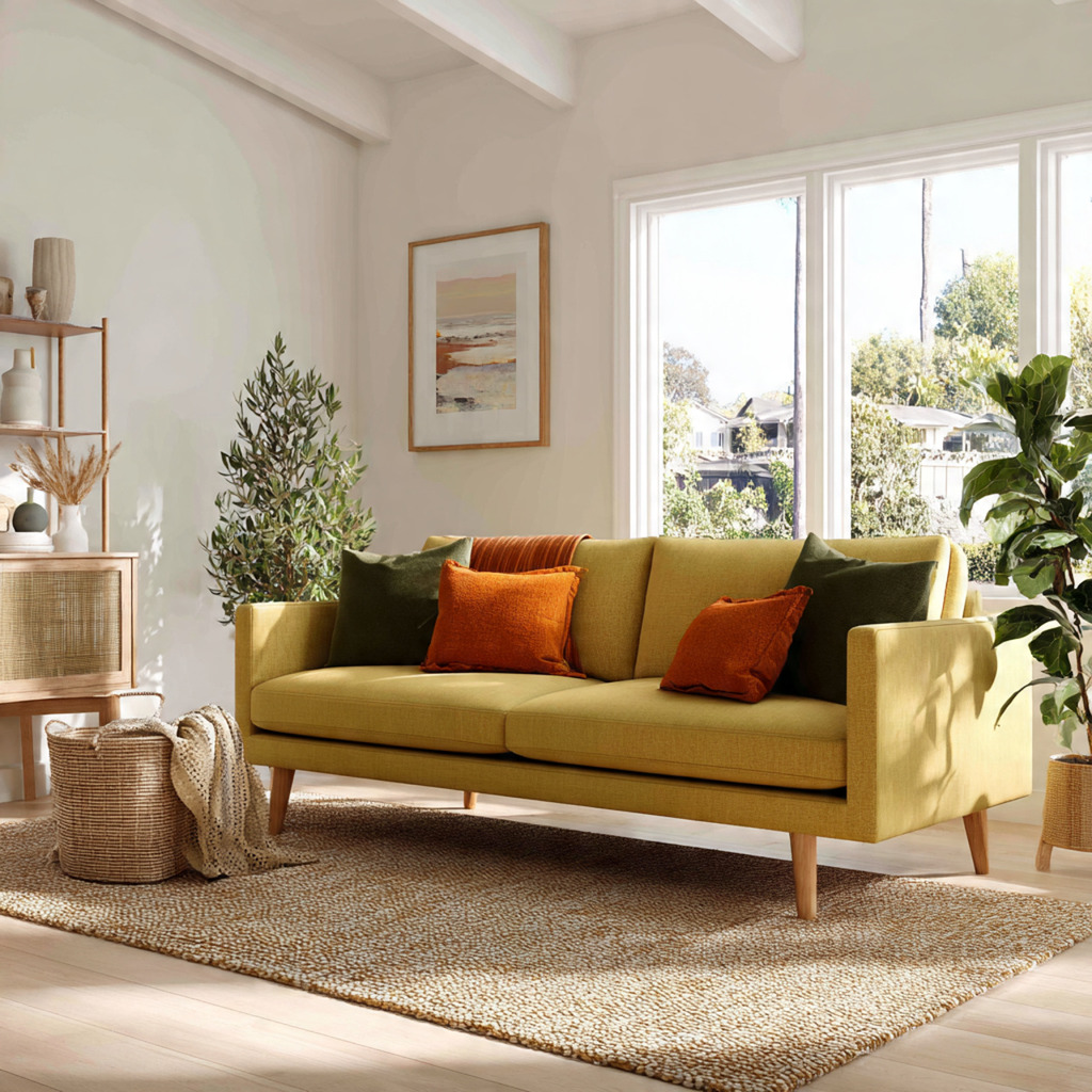 Butter yellow sofa styled with olive green, rust orange accents, and blonde wood for a warm, earthy living room palette