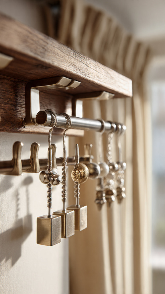 Close-up of durable and elegant curtain track hardware displayed on a polished wooden surface. Sleek modern metal track systems with sturdy brackets and detailed finishes in the foreground. Curtain hooks and decorative end caps arranged neatly. Softly blurred neutral living room background. Natural window light casting gentle shadows, highlighting texture and craftsmanship. High-resolution interior product photography, sophisticated and refined mood.
