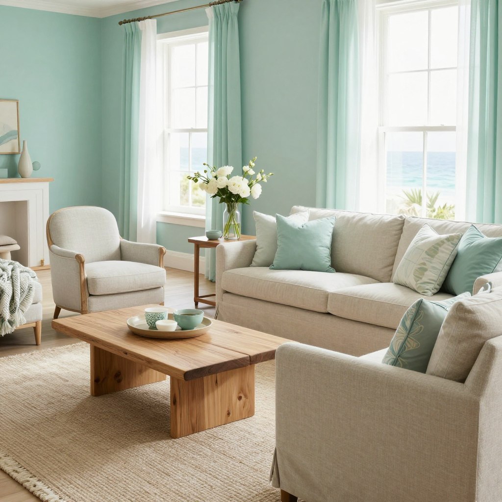 Coastal chic furniture arranged in a serene living room setting, featuring a soft, pastel color palette with shades of seafoam green and sandy beige. In the foreground, a plush, oversized sofa adorned with decorative throw pillows and textured blankets invites relaxation. A stylish wooden coffee table, with a natural driftwood finish, sits atop a light jute rug. In the middle, a pair of elegant accent chairs with light upholstery and curved lines complement the sofa, while a sleek side table holds a fresh bouquet of white flowers in a glass vase. The background reveals large windows that allow natural sunlight to flood the space, illuminating sheer curtains that flutter gently in the breeze. The overall atmosphere is soothing and inviting, exuding a calm, beach-inspired vibe, perfect for a coastal living room.