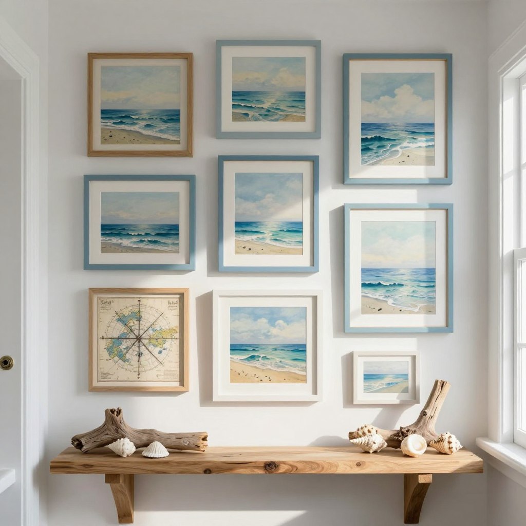 Coastal gallery wall adorned with various nautical decor, featuring framed artworks of serene ocean scenes and vintage navigational maps. In the foreground, a small wooden shelf displays natural textures like seashells and driftwood, harmonizing with the decor. The middle layer highlights the gallery wall, which is composed of diverse frames in soft blues and whites, creating a cohesive yet eclectic look. The background softly hints at a soothing beachy vibe with light, airy colors and natural light streaming in from a window, casting gentle shadows. The atmosphere is tranquil and inviting, evoking the essence of coastal living. The scene captures the calmness of the sea and the warmth of a beachside home, perfect for a refreshing bathroom environment.
