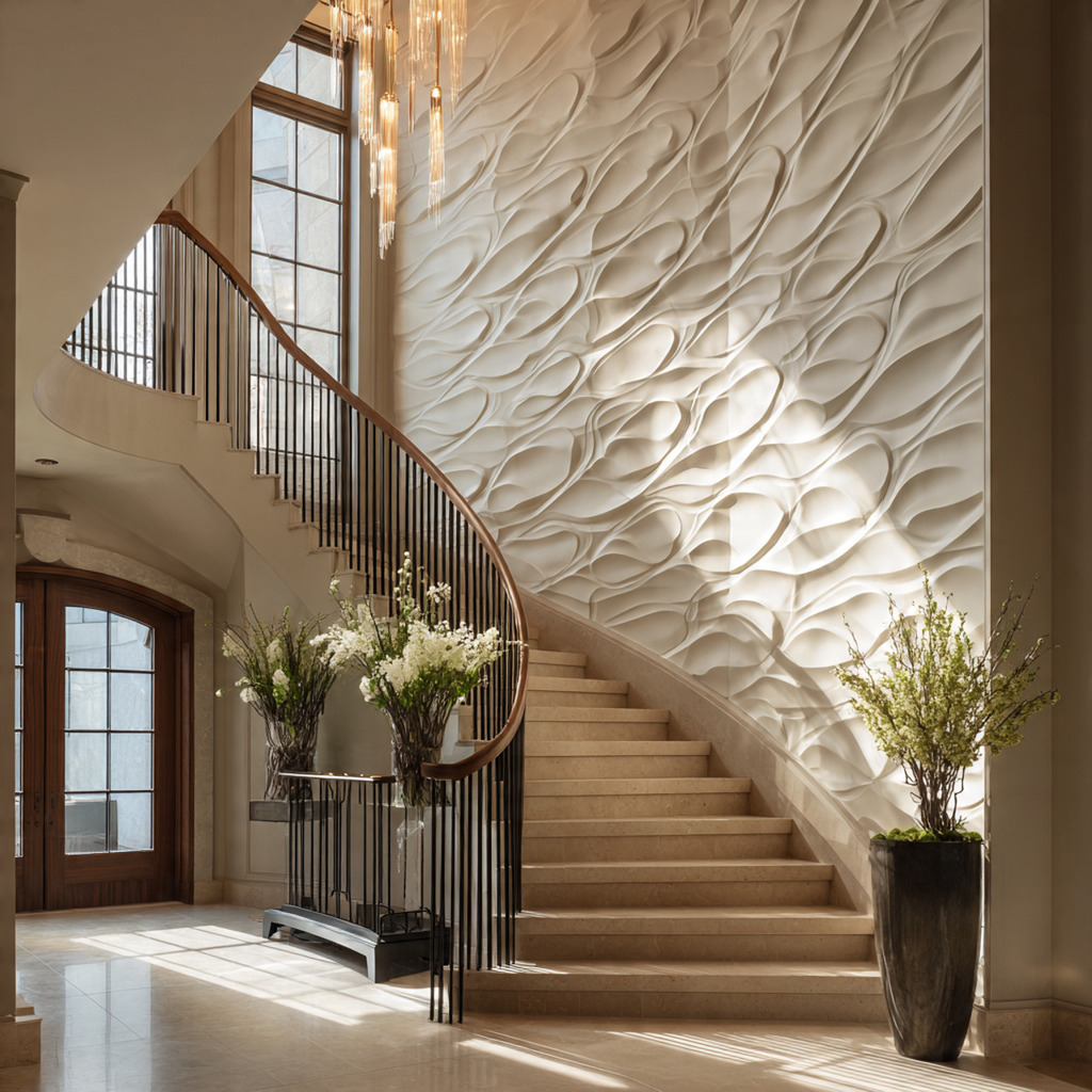 Curved and organic staircase wall panels adding flow, elegance, and modern sculptural style to the interior