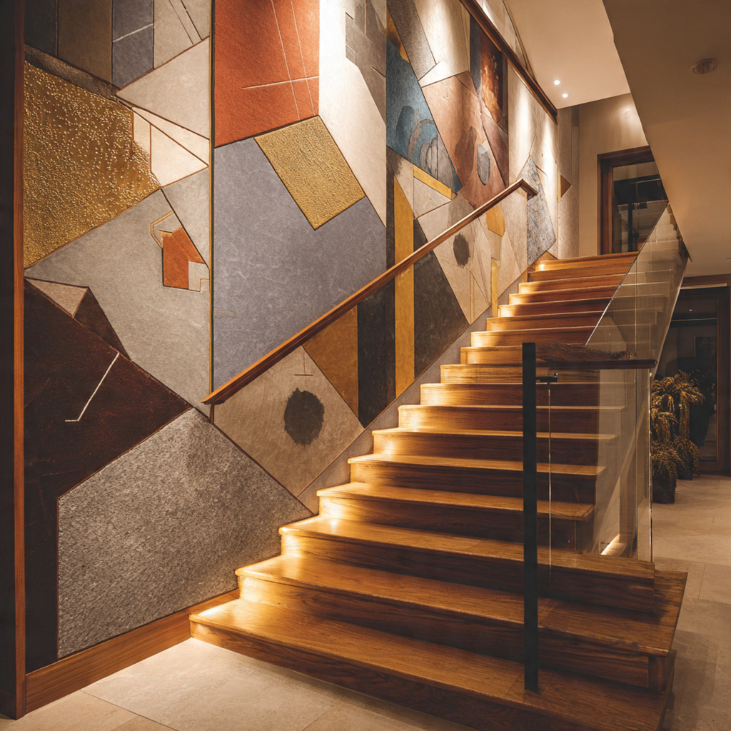 Custom artistic wall panels transforming a modern staircase into a statement focal point with textured and geometric designs