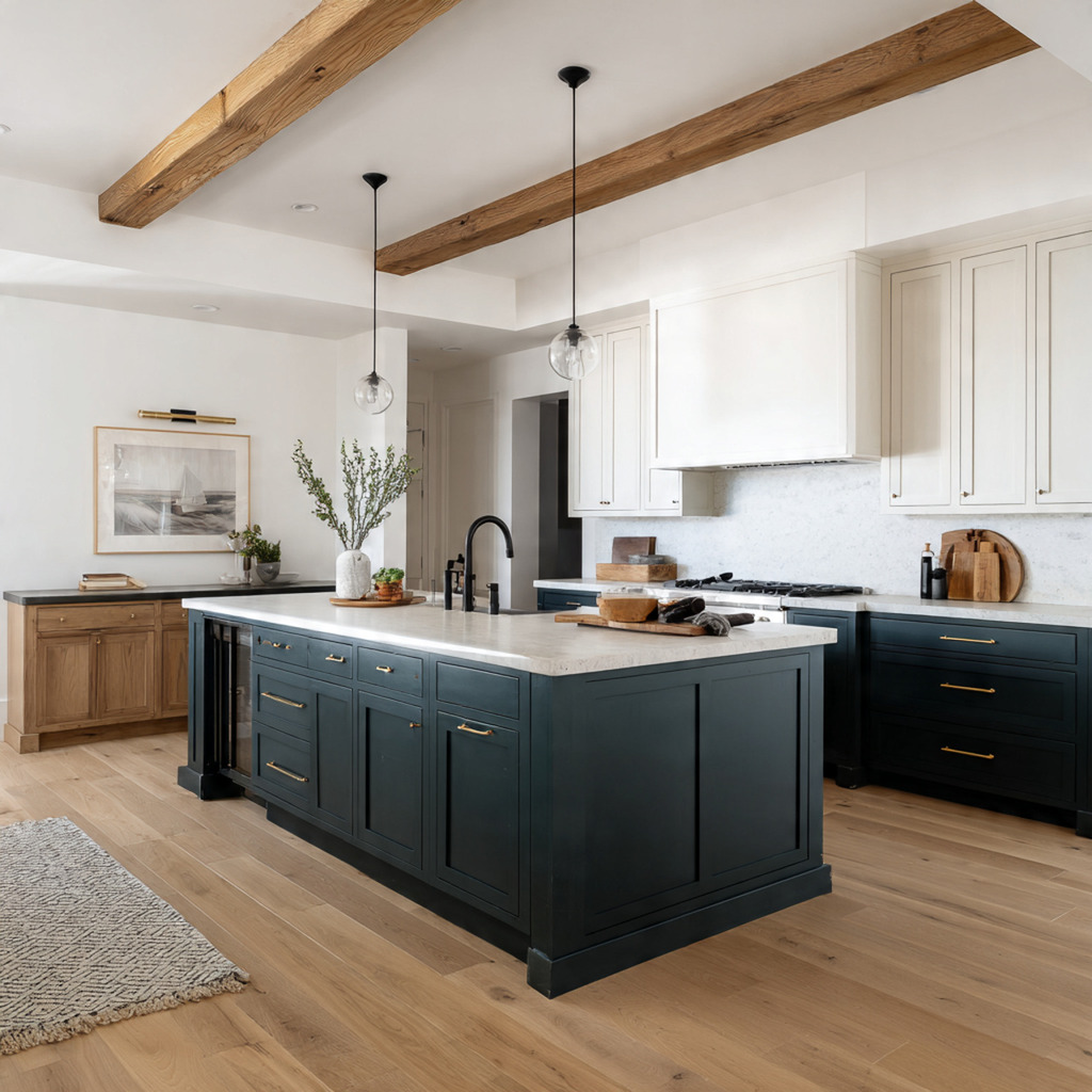 Dark kitchen island anchoring a light modern farmhouse kitchen with white cabinets