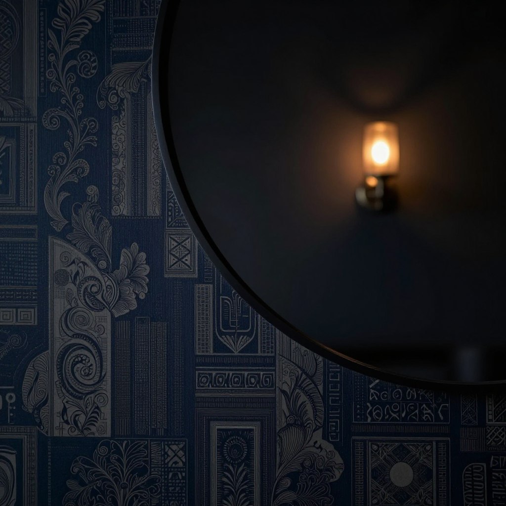 Dark moody wallpaper styles featuring rich textures and deep colors dominate the foreground, showcasing intricate patterns like swirling florals, geometric designs, and abstract motifs. In the middle layer, a faint glow from vintage-style sconces enhances the dramatic effect, casting soft shadows that evoke a sense of intimacy. The background is a subtle blend of dark hues, perhaps a gradient from navy to charcoal, creating a depth that draws the viewer in. The lighting is low and atmospheric, emulating a cozy yet sophisticated ambiance, reminiscent of a stylish lounge or an elegant study. Capture this scene at a slightly off-center angle to highlight the layers and textures of the wallpaper, ensuring a visually engaging composition that embodies the essence of bold and dramatic interior design.