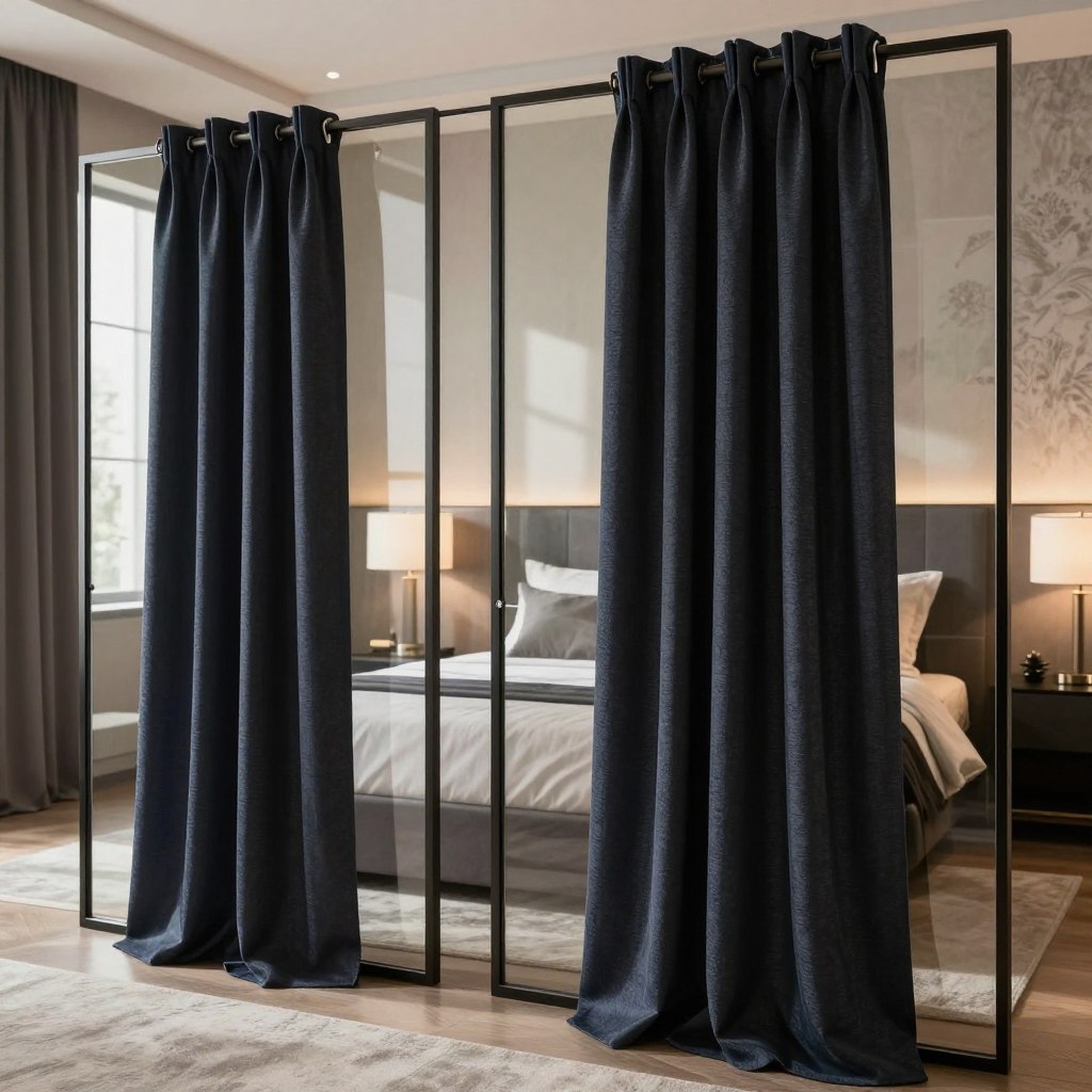Elegant glass bedroom screens with layered blackout treatments create a serene atmosphere. In the foreground, showcase sleek, contemporary glass panels adorned with rich, textured blackout curtains in deep shades of navy and charcoal, softly cascading down. The middle ground features a stylishly arranged bedroom with minimalistic furniture, softly lit by natural light filtering through the screens, casting gentle shadows. In the background, hint at a decorative wall with subtle textures, enhancing the overall elegance. The room exudes a tranquil, sophisticated mood, ideal for restful privacy. Use a warm, diffused lighting effect to create a cozy ambiance, capturing the essence of a stylish yet functional space. The perspective is slightly angled to emphasize the layered treatments and their luxurious appeal. Elegant glass bedroom screens with layered blackout treatments create a serene atmosphere. In the foreground, showcase sleek, contemporary glass panels adorned with rich, textured blackout curtains in deep shades of navy and charcoal, softly cascading down. The middle ground features a stylishly arranged bedroom with minimalistic furniture, softly lit by natural light filtering through the screens, casting gentle shadows. In the background, hint at a decorative wall with subtle textures, enhancing the overall elegance. The room exudes a tranquil, sophisticated mood, ideal for restful privacy. Use a warm, diffused lighting effect to create a cozy ambiance, capturing the essence of a stylish yet functional space. The perspective is slightly angled to emphasize the layered treatments and their luxurious appeal.