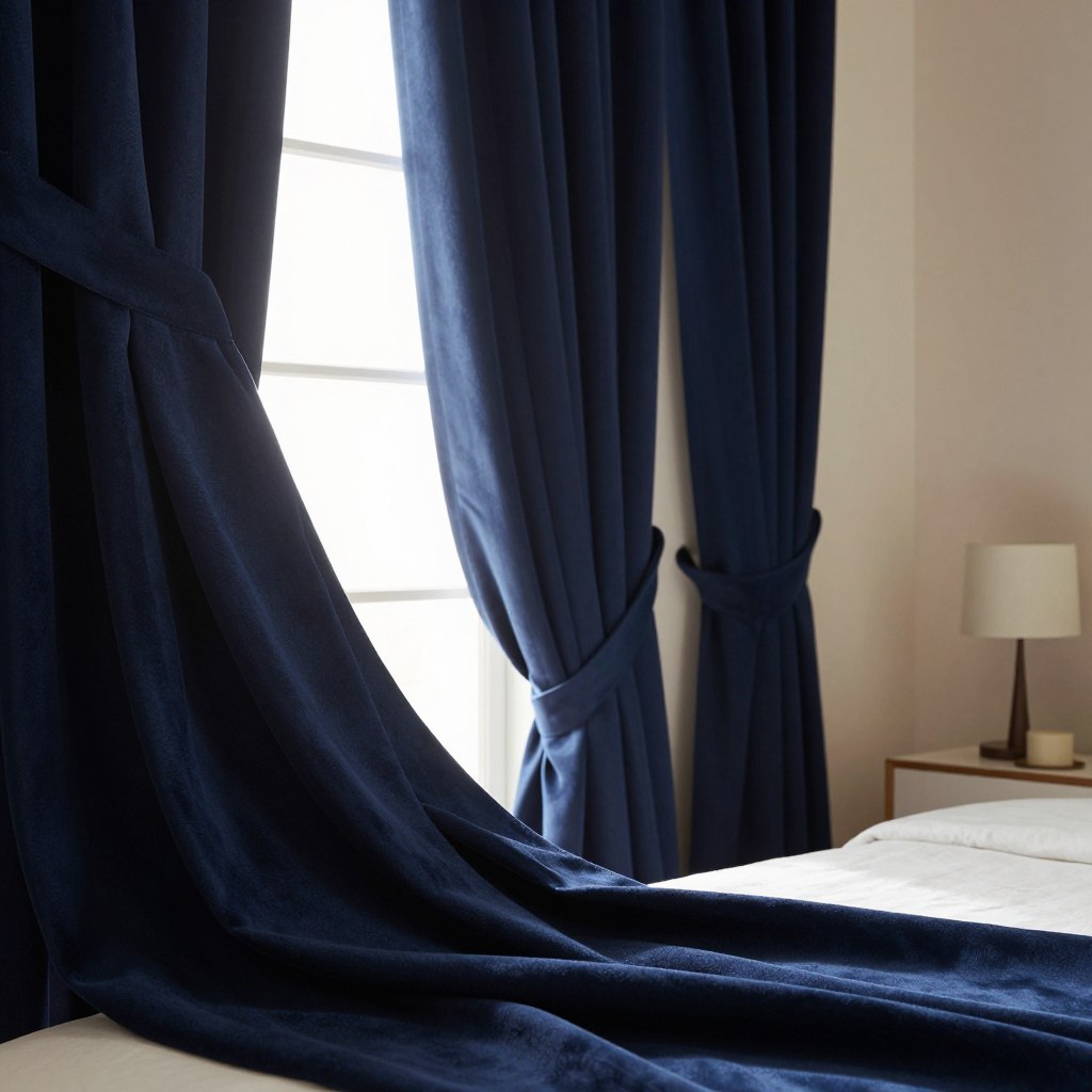 Extra-wide blackout curtain panels elegantly draped over a large window in a softly lit bedroom. The curtains are rich, deep navy blue, with a slight sheen that catches the ambient light. The fabric appears thick and luxurious, perfectly blocking out sunlight. In the foreground, the intricate texture of the curtain material is visible, while in the middle, the panels gather gracefully at the sides, held back by stylish fabric tiebacks. The background features a cozy, serene bedroom setting with warm, neutral-colored walls and a minimalist decor style, invoking a sense of tranquility and comfort. The scene is illuminated by soft, diffused natural light, creating a calm and peaceful atmosphere—ideal for restful sleeping. Angle the shot slightly from above to enhance the visual depth.