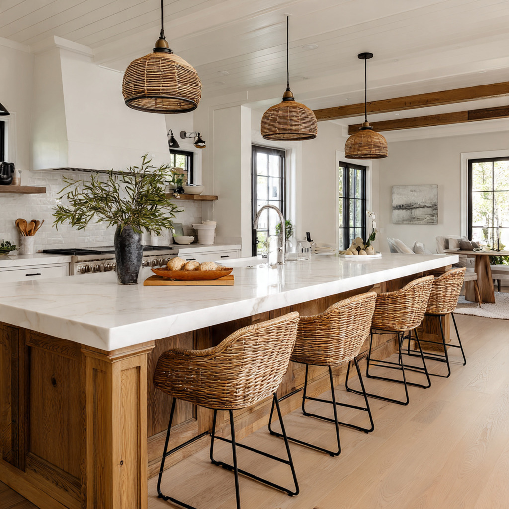 Farmhouse kitchen island with comfortable seating and mixed-material bar stools
