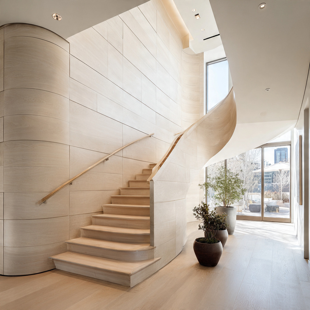 Flat panel minimalist staircase wall paneling with seamless clean lines and light wood finishes