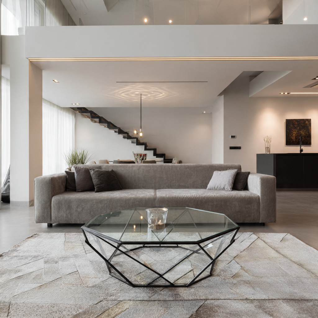 Geometric tempered glass coffee table with clean lines in a modern living room Geometric tempered glass coffee table with clean lines in a modern living room