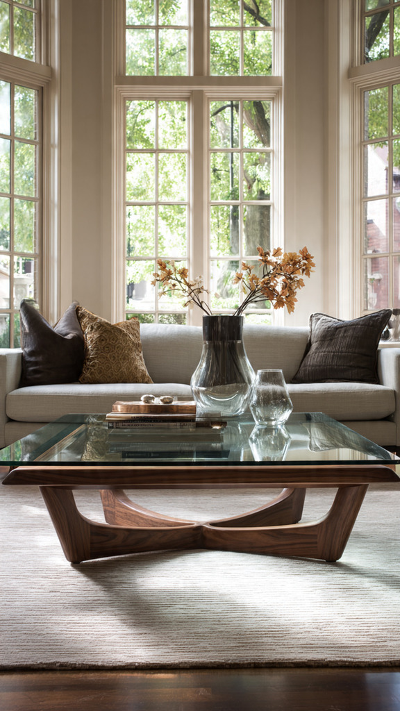 Glass-top walnut coffee table with sculptural wooden base in a modern luxury living room