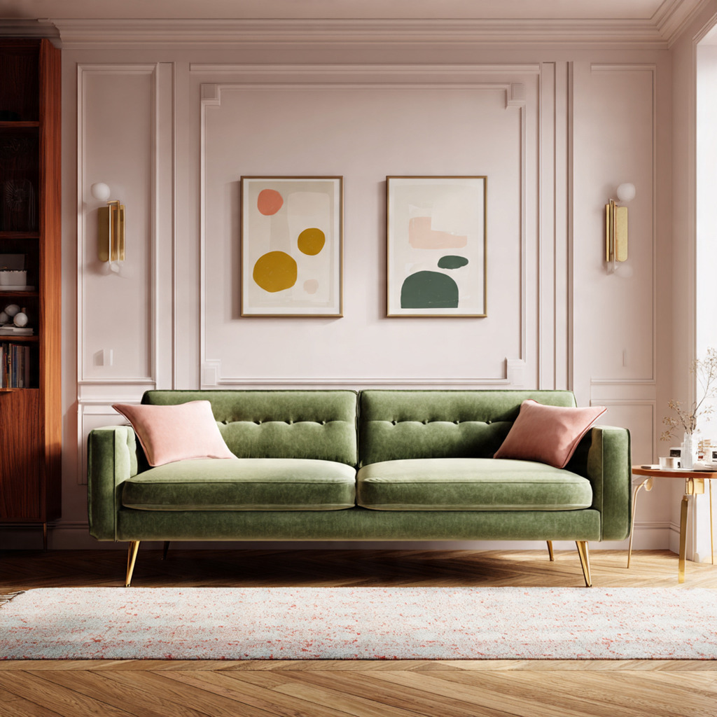 Green sofa styled with pale pink accents, brass details, and teak wood in a retro modern living room
