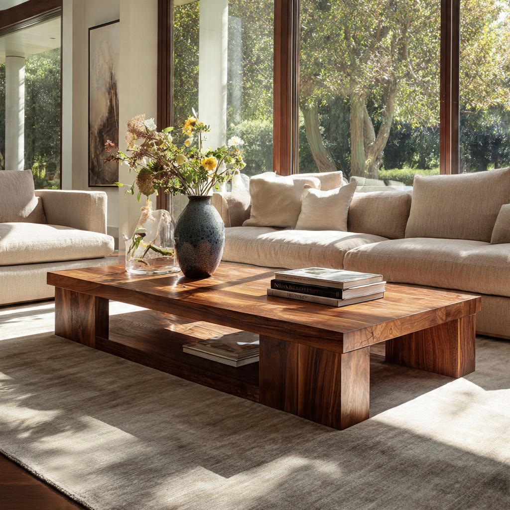 Handcrafted rectangular walnut coffee table with rich wood grain in a luxury living room setting
