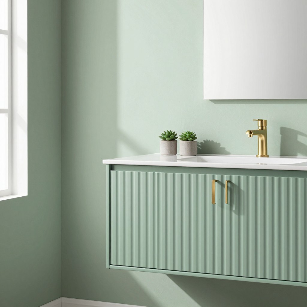 Horizontal ribbed MDF wall panels in a soft sage green hue create a calming backdrop, beautifully complementing a minimalist bathroom setting. In the foreground, an elegant ribbed vanity cabinet featuring a matching sage green finish, showcasing smooth, sleek lines and brushed gold hardware. The cabinet is adorned with subtle decorative elements, such as potted succulents and a chic mirror reflecting the serene atmosphere. Soft, natural light filters in from a nearby window, casting gentle shadows that enhance the texture of the ribbed surfaces. The scene is framed with modern, clean lines, evoking a tranquil and stylish ambiance ideal for a contemporary bathroom design. The overall mood is fresh, inviting, and harmonious, perfect for showcasing the beauty of ribbed cabinetry.