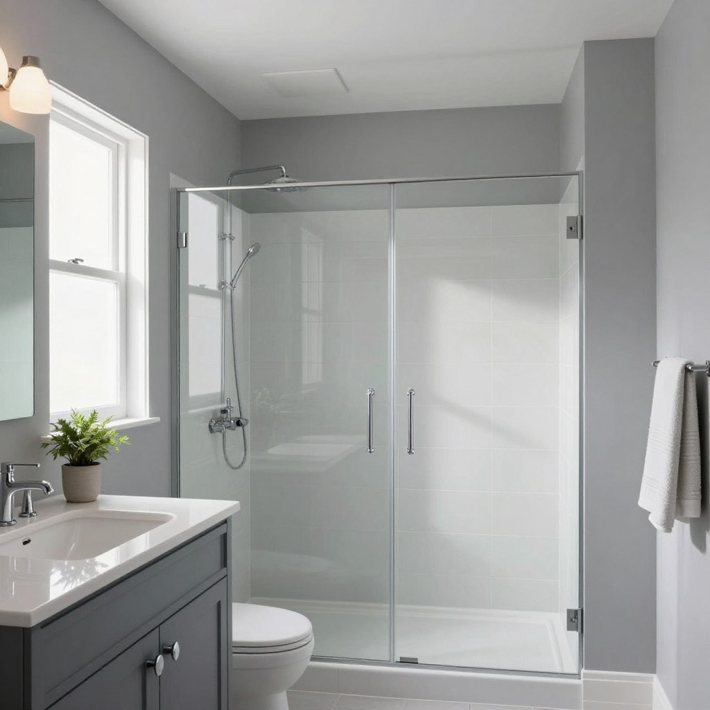 Imagine a small bathroom featuring the trendy light reflective gray color, reminiscent of Sherwin-Williams "Repose Gray." In the foreground, a sleek, modern vanity with elegant chrome fixtures complements the serene palette. The middle ground showcases a spacious shower with glass doors, revealing stunning, minimalistic tile work in soft whites and grays that enhance the light. The bathroom is well-lit with natural light streaming through a frosted window, casting soft reflections on the walls, evoking an open and airy feel. Subtle accents, like potted plants or stylish towels, add warmth without overwhelming the space. The atmosphere is tranquil and inviting, perfect for a small bathroom that feels expanded by its color choice. The angle captures the room in a wide shot, emphasizing depth and spaciousness while maintaining focus on the beautiful paint color. Imagine a small bathroom featuring the trendy light reflective gray color, reminiscent of Sherwin-Williams "Repose Gray." In the foreground, a sleek, modern vanity with elegant chrome fixtures complements the serene palette. The middle ground showcases a spacious shower with glass doors, revealing stunning, minimalistic tile work in soft whites and grays that enhance the light. The bathroom is well-lit with natural light streaming through a frosted window, casting soft reflections on the walls, evoking an open and airy feel. Subtle accents, like potted plants or stylish towels, add warmth without overwhelming the space. The atmosphere is tranquil and inviting, perfect for a small bathroom that feels expanded by its color choice. The angle captures the room in a wide shot, emphasizing depth and spaciousness while maintaining focus on the beautiful paint color.
