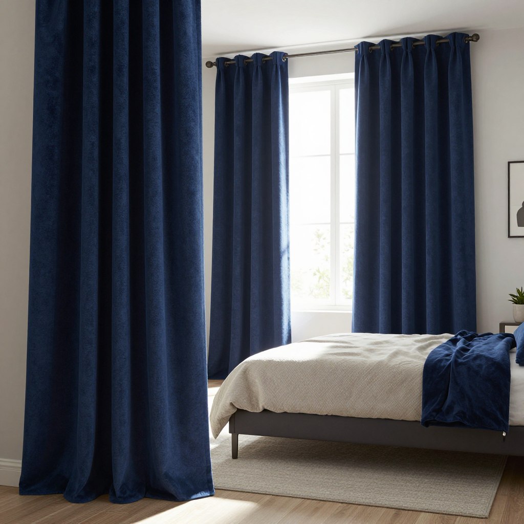 In a cozy, well-lit bedroom, showcase thermal insulated blackout curtains elegantly draped over a large window, preventing sunlight from seeping through. The curtains should be a rich navy blue with a plush textured fabric that conveys warmth and comfort. In the foreground, the curtains are slightly parted, allowing a glimpse of soft, natural light filtered through the tailored fabric. In the middle ground, a stylish bed with neutral-toned bedding complements the curtains, adding to the inviting atmosphere. The background features a minimalistic, tastefully decorated wall with a few decorative elements. The scene is bathed in gentle morning light, creating a serene and peaceful ambiance, perfect for a restful retreat. Use a wide-angle lens to capture the encompassing feeling of the space.