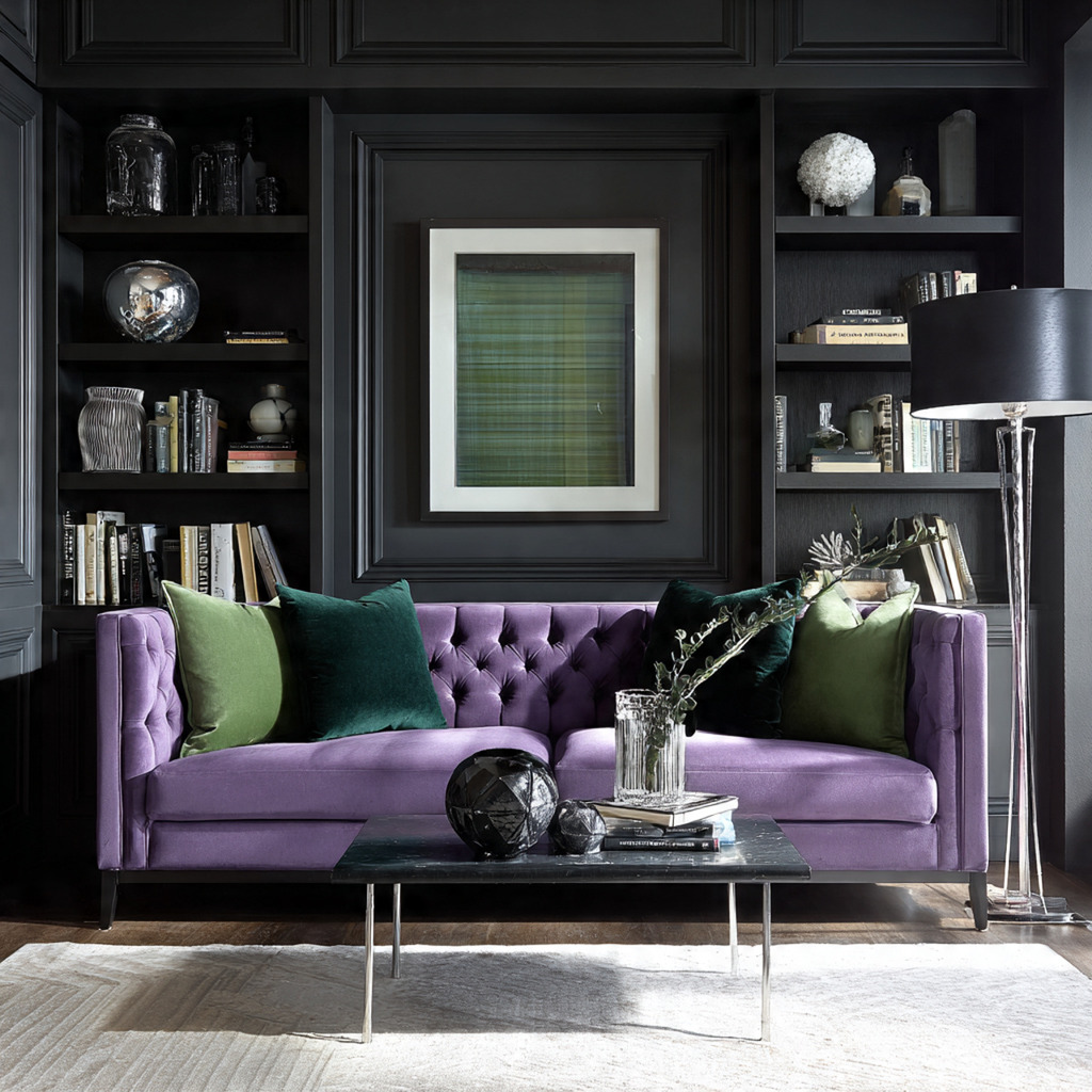 Lavender sofa styled with matte black accents, dark green velvet pillows, and silver details in a modern living room