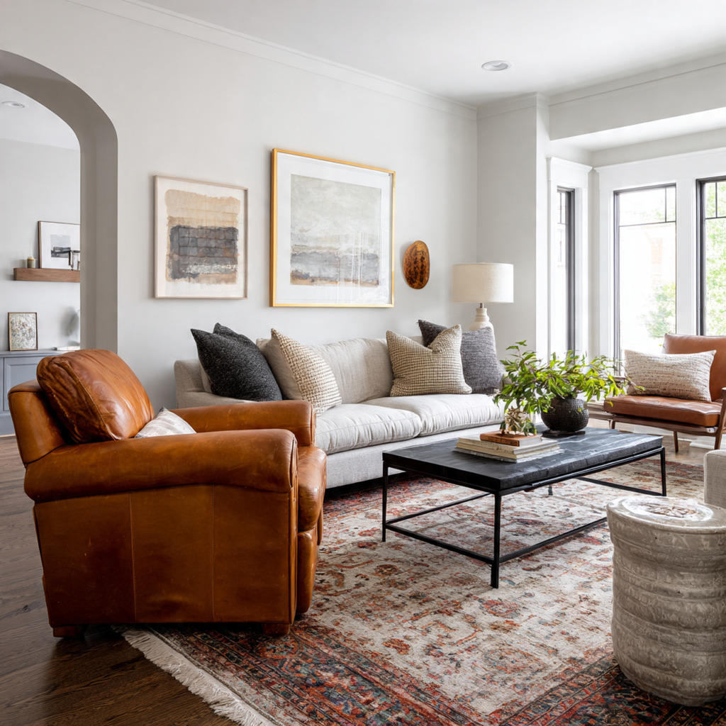 Living room combining vintage armchair and antique seating with contemporary furniture in a cohesive eclectic design
