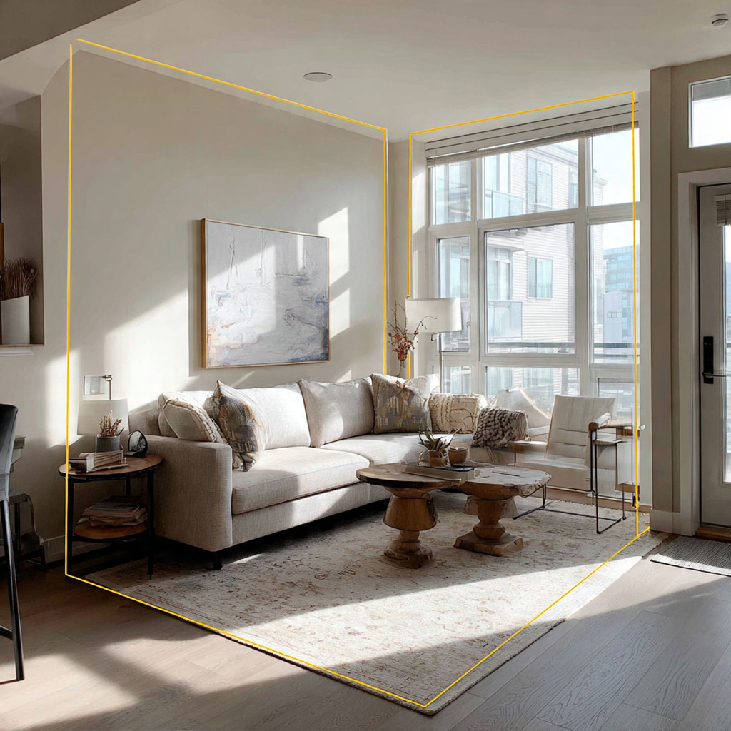 Living room showing an oversized sofa caused by ignoring room dimensions and floor plan planning