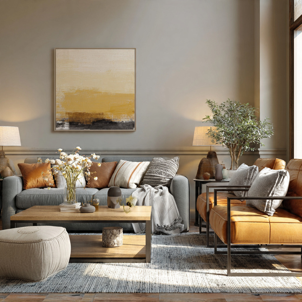 Living room showing expert tips for mixing seating styles using balance, conversation zones, and the 60-30-10 design rule Living room showing expert tips for mixing seating styles using balance, conversation zones, and the 60-30-10 design rule