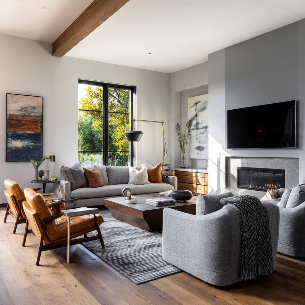 Living room showing expert tips for mixing seating styles using balance, conversation zones, and the 60-30-10 design rule Living room showing expert tips for mixing seating styles using balance, conversation zones, and the 60-30-10 design rule