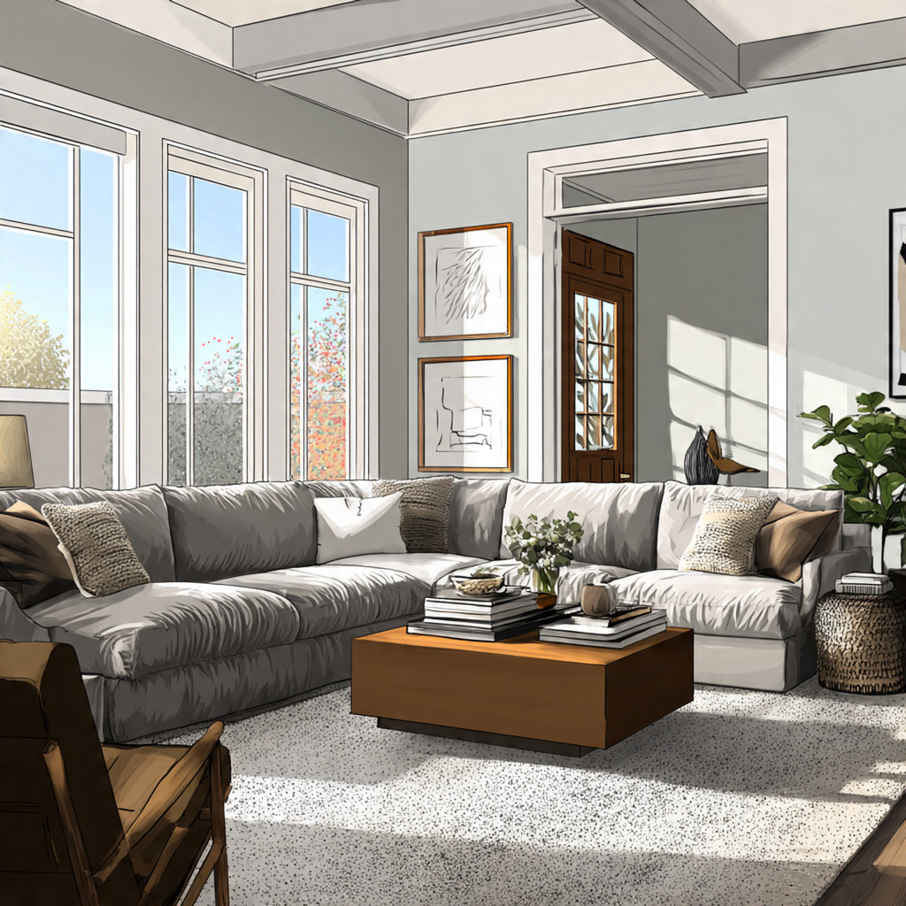 Living room with an oversized sofa that overwhelms the space and restricts movement