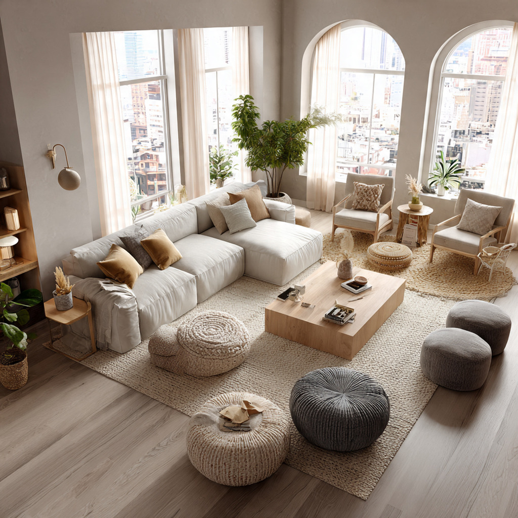 Living room with conversation zones created by mixing low sofas, floor cushions, and higher armchairs to vary seating heights Living room with conversation zones created by mixing low sofas, floor cushions, and higher armchairs to vary seating heights