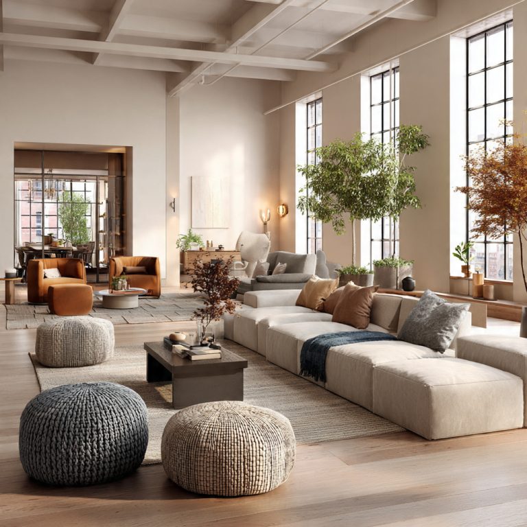Living room with conversation zones created by mixing low sofas, floor cushions, and higher armchairs to vary seating heights