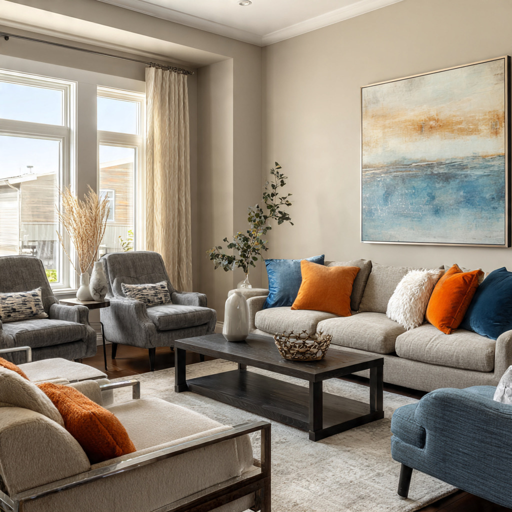 Living room with mixed seating styles unified by a cohesive 60-30-10 color scheme using color theory Living room with mixed seating styles unified by a cohesive 60-30-10 color scheme using color theory