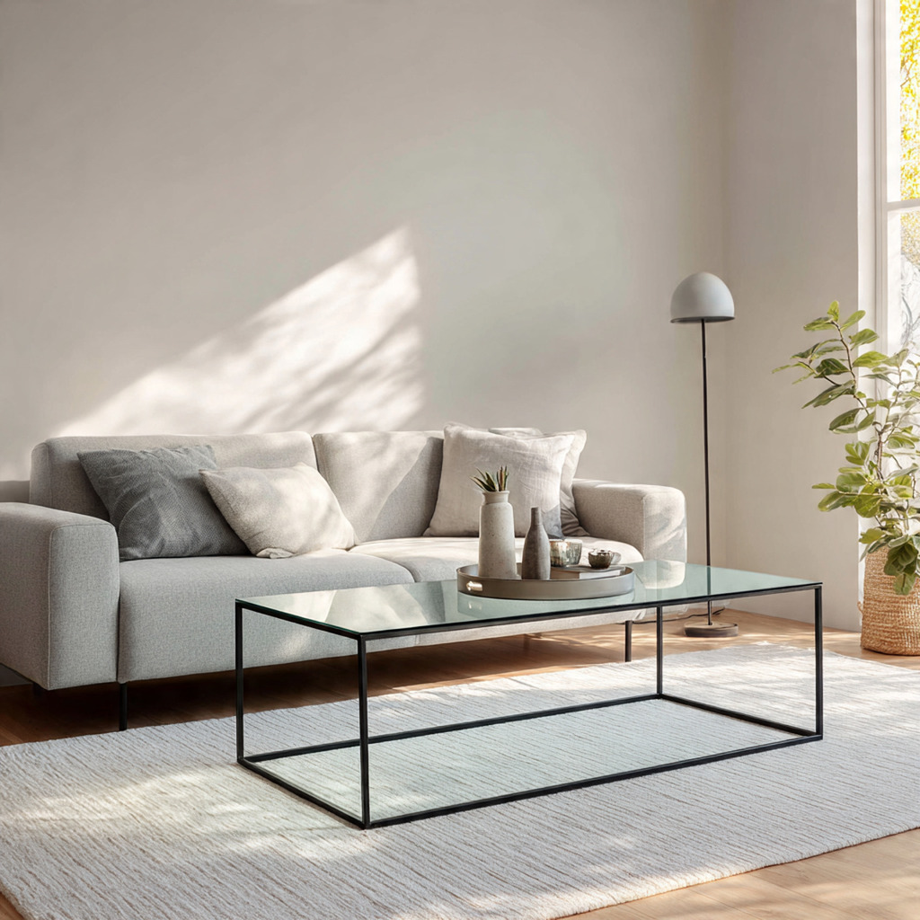 Low-profile glass coffee table enhancing a minimalist and open living room Low-profile glass coffee table enhancing a minimalist and open living room
