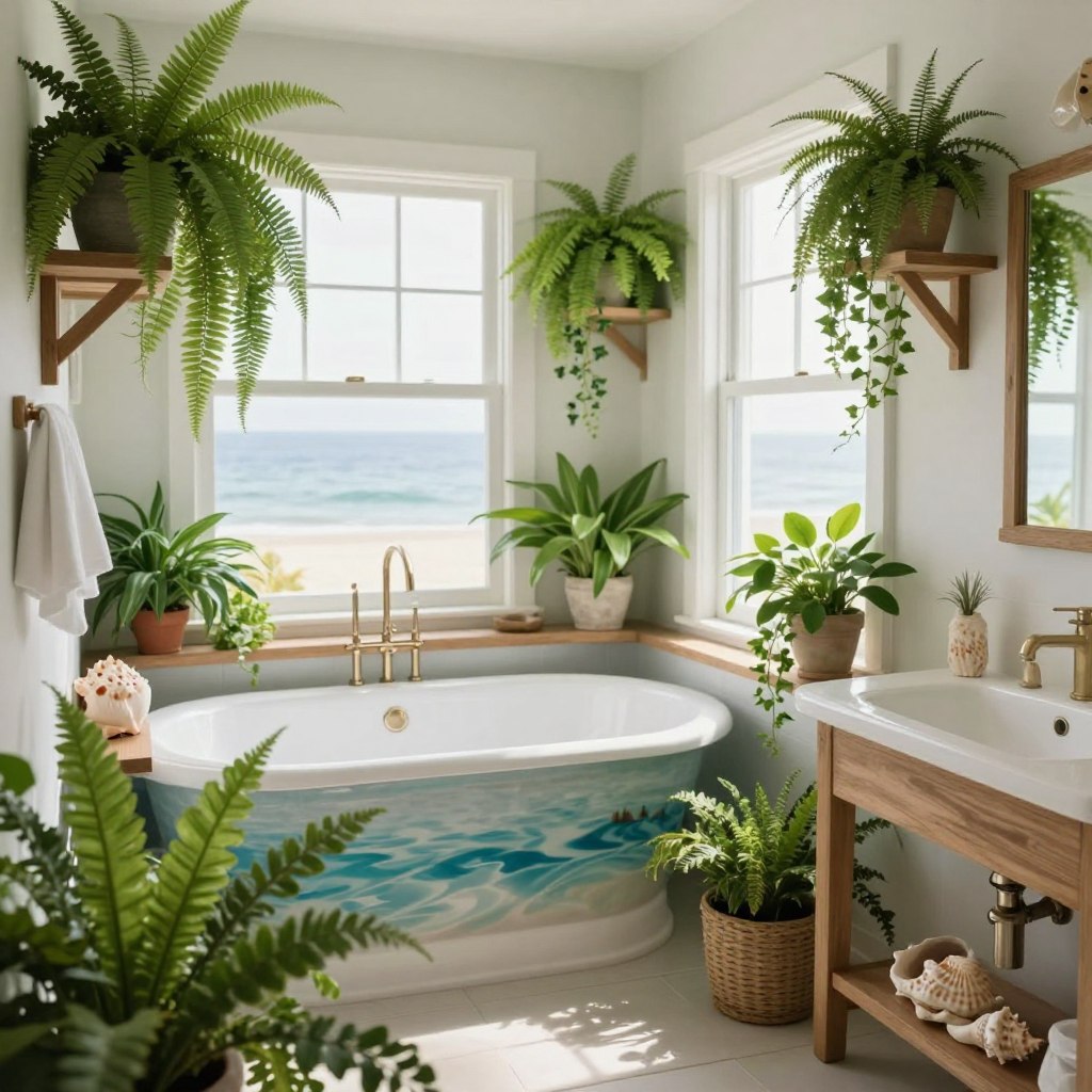 Lush green plants in a beautifully designed coastal bathroom, featuring potted ferns and trailing ivy cascading from wooden shelves. The foreground captures a variety of vibrant green foliage blending harmoniously with light-colored seashell accents placed on the sink and windowsill. In the middle ground, a stylish bathtub with ocean-themed decor complements the greenery. The background reveals large windows allowing soft, natural light to flood the space, emphasizing the freshness of the flora. The atmosphere is serene and calming, evoking a sense of tranquility and connection to nature, perfect for a refreshing beach-inspired retreat. Photographed from a slightly elevated angle, capturing the room's depth and details, with a shallow depth of field to highlight the plants.