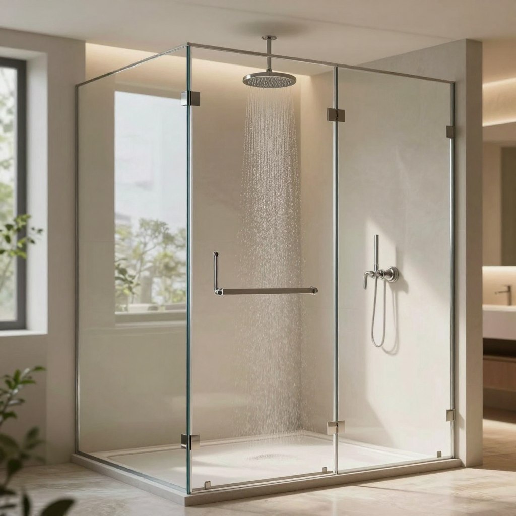 Luxurious shower enclosures featuring minimalist glass designs, showcasing an elegant walk-in shower space. The foreground highlights a stunning frameless glass enclosure, expertly reflecting soft, natural light. A rainfall showerhead, elegantly suspended from a sleek ceiling, cascades water gently into the spacious enclosure. In the middle ground, a polished stone floor adds a touch of sophistication, while subtle greenery peeks out from the sides, enhancing the serene atmosphere. The background reveals a soft-focus luxurious bathroom ambiance, with warm lighting that creates a calm and inviting mood. The overall composition conveys a sense of relaxation and modern elegance, perfect for any upscale bathroom design.