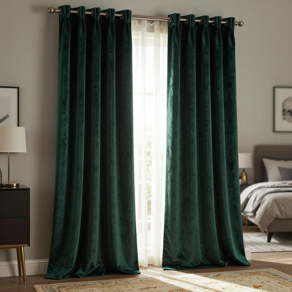 Luxurious velvet blackout curtains hang gracefully from a stylish metal rod, creating an elegant backdrop in a sophisticated bedroom. The curtains are deep emerald green, their soft, rich texture beautifully absorbing light, enhancing the cozy atmosphere. In the foreground, a plush area rug complements the curtains, adding warmth and color contrast. The middle section showcases the curtains drawn slightly to the sides, allowing a gentle glimpse of a sun-drenched window with delicate sheer panels. In the background, muted tones of a serene bedroom space are visible, with tastefully arranged furniture reflecting a modern aesthetic. Soft, diffused natural light filters through, casting gentle shadows, and evoking a calm and inviting ambiance. The overall mood is one of comfort and refinement, ideal for a restful retreat.