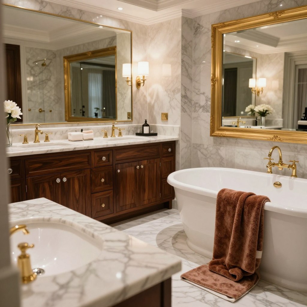 Luxury bathroom materials create a lavish atmosphere. In the foreground, feature polished marble countertops with intricate veining, seamlessly paired with elegant gold fixtures. Include a grand freestanding soaking tub, surrounded by plush, soft towels in rich hues. In the middle ground, showcase understated, high-end cabinetry made of dark mahogany or walnut, adorned with crystal knobs. Soft, ambient lighting emanates from chic sconces, casting a warm glow. In the background, display an expansive mirror framed in ornate gold, reflecting the luxurious surroundings. The scene should emanate relaxation and opulence, with a serene, inviting atmosphere that draws the viewer in, emphasizing sophistication and comfort. Use a wide-angle lens to capture the entire space, focusing on soft highlights and shadows for depth. Luxury bathroom materials create a lavish atmosphere. In the foreground, feature polished marble countertops with intricate veining, seamlessly paired with elegant gold fixtures. Include a grand freestanding soaking tub, surrounded by plush, soft towels in rich hues. In the middle ground, showcase understated, high-end cabinetry made of dark mahogany or walnut, adorned with crystal knobs. Soft, ambient lighting emanates from chic sconces, casting a warm glow. In the background, display an expansive mirror framed in ornate gold, reflecting the luxurious surroundings. The scene should emanate relaxation and opulence, with a serene, inviting atmosphere that draws the viewer in, emphasizing sophistication and comfort. Use a wide-angle lens to capture the entire space, focusing on soft highlights and shadows for depth.