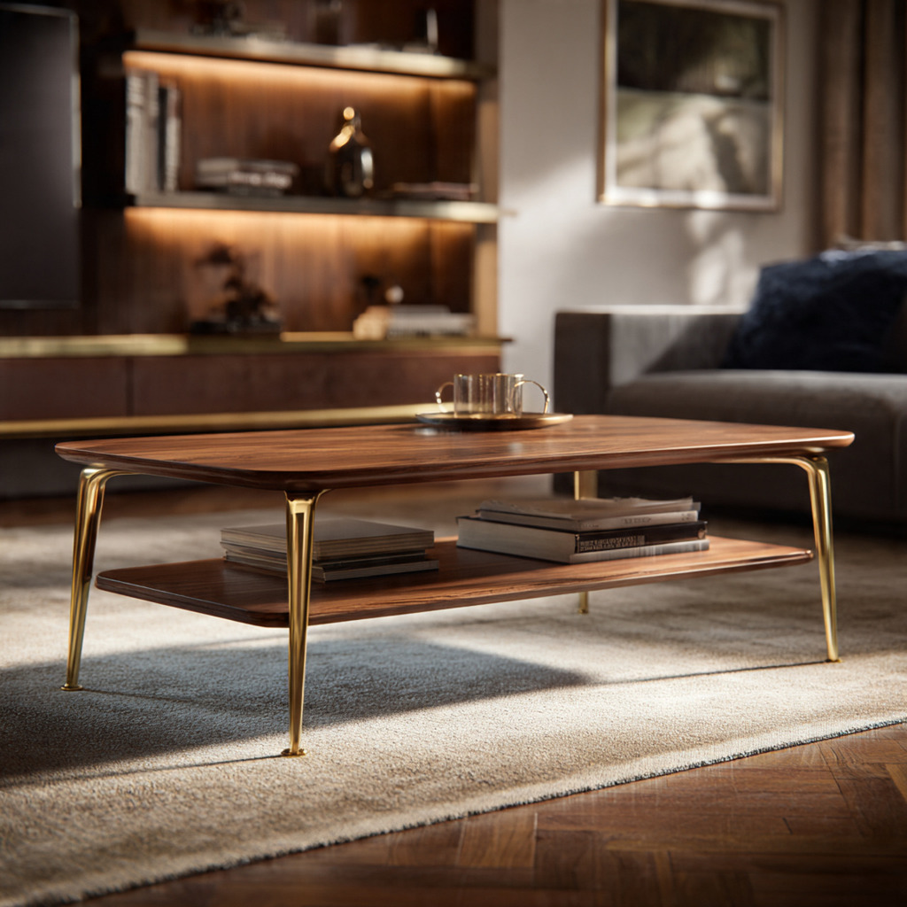 Luxury walnut and brass coffee table serving as a sophisticated living room centerpiece