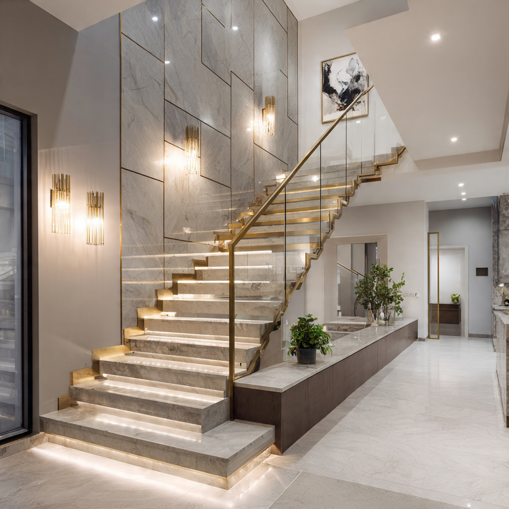 Metallic and high-gloss staircase wall panels creating a sleek, modern, and luxurious interior design