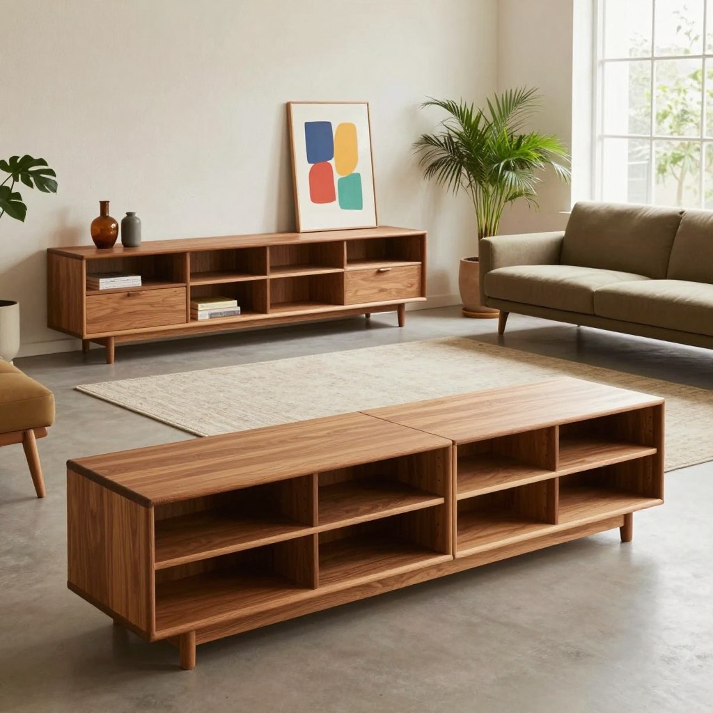 Mid-century modern living room showcasing smart storage solutions. The foreground features sleek, minimalist wooden storage units with clean lines and ample shelving, elegantly arranged against a textured wall. In the middle ground, a low-profile, retro sofa in muted earth tones complements a stylish area rug. Decorative elements include vibrant abstract art pieces and potted plants adding a splash of color. The background reveals large windows allowing natural light to filter in, creating a warm and inviting atmosphere. Soft, diffused lighting enhances the organic shapes of the furniture and the polished surfaces. Photographed from a slightly elevated angle to provide depth, capturing the essence of stylish, functional living space. The mood is calm and organized, reflecting timeless appeal and practicality.