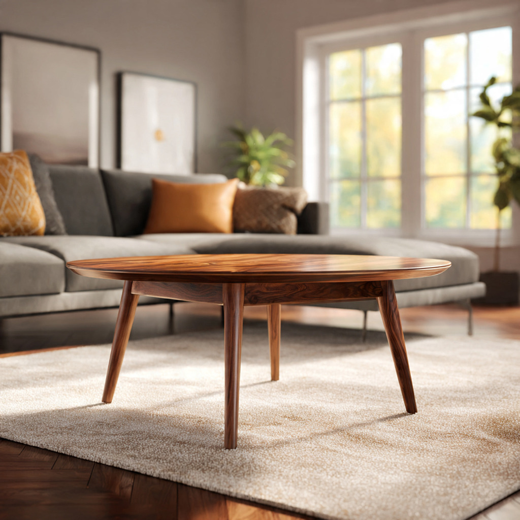 Mid-century modern round walnut coffee table with organic curves in a stylish living room