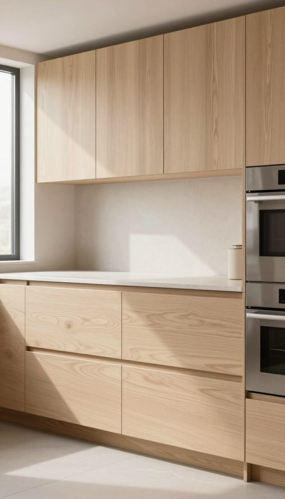 Minimalist slab white oak cabinets showcasing a sleek, modern design with a prominent horizontal grain. The cabinetry features smooth, unadorned surfaces, seamlessly blending into a chic kitchen environment. In the foreground, the wood finish should exhibit a warm, natural texture, highlighted by soft, diffused lighting that creates an inviting atmosphere. The middle ground includes a sleek countertop made of stone, complementing the elegance of the cabinets. A light-toned backsplash adds depth, while natural light spills in from a nearby window, enhancing the warmth of the oak. In the background, subtle hints of contemporary kitchen appliances are visible, finished in stainless steel, reflecting luxury and sophistication. The overall composition exudes a sense of tranquility and modernity, perfect for a high-end kitchen setting.