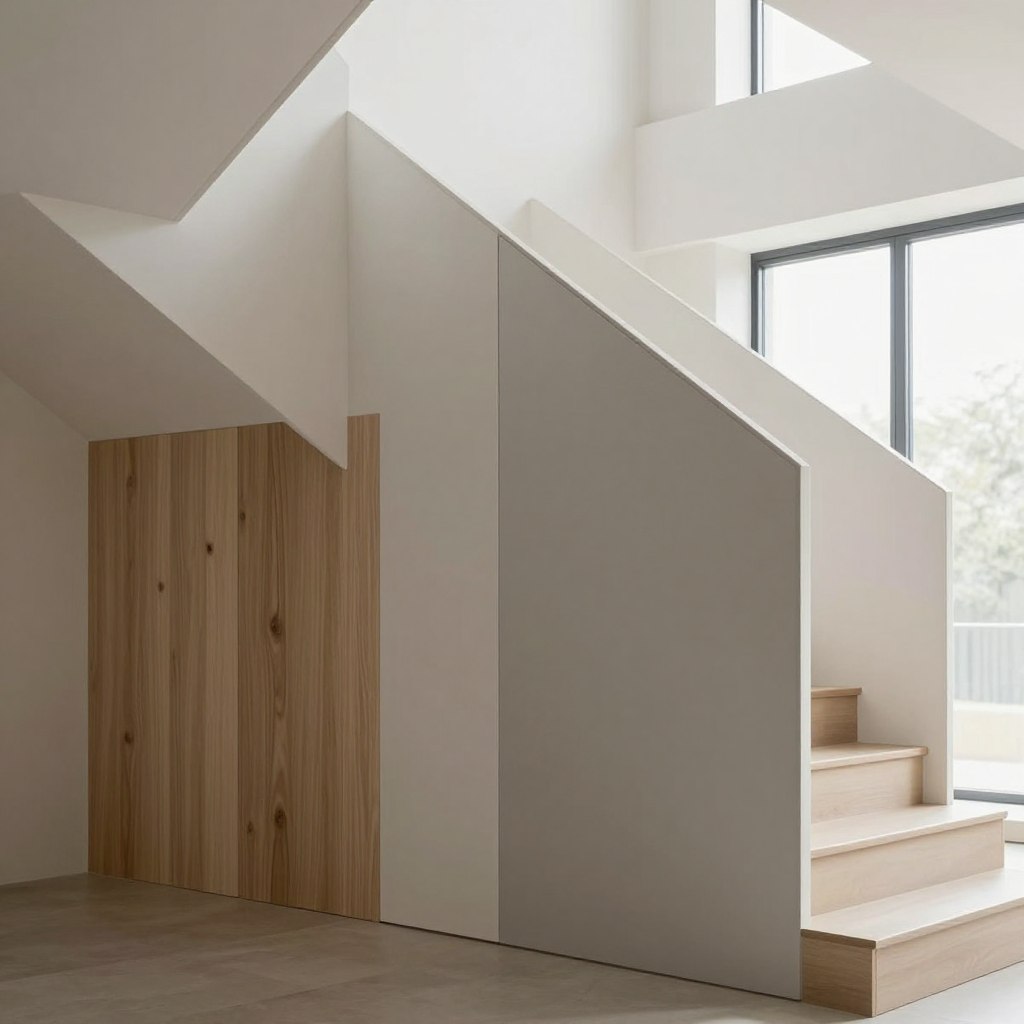 Minimalist staircase wall paneling materials displayed in an elegant indoor setting. The foreground features a sleek wood paneling with a natural grain finish, soft natural light enhancing its texture, alongside smooth, matte-finish panels in neutral tones like grey and white. In the middle ground, a modern staircase ascends, elegantly framed by simple, geometric wall panels, exhibiting clean lines and minimal ornamentation. The background showcases a bright, airy space with large windows allowing diffused daylight to pour in, emphasizing the tranquility of the design. The overall atmosphere is calm and refined, suggesting a harmonious blend of functionality and aesthetics. Shot from a low angle to capture the height and elegance of the staircase, with a focus on the material textures.
