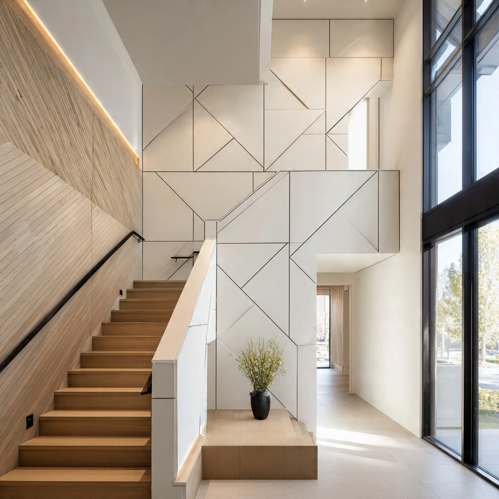 Minimalist staircase wall paneling with geometric patterns in light wood and white finishes for a clean modern look