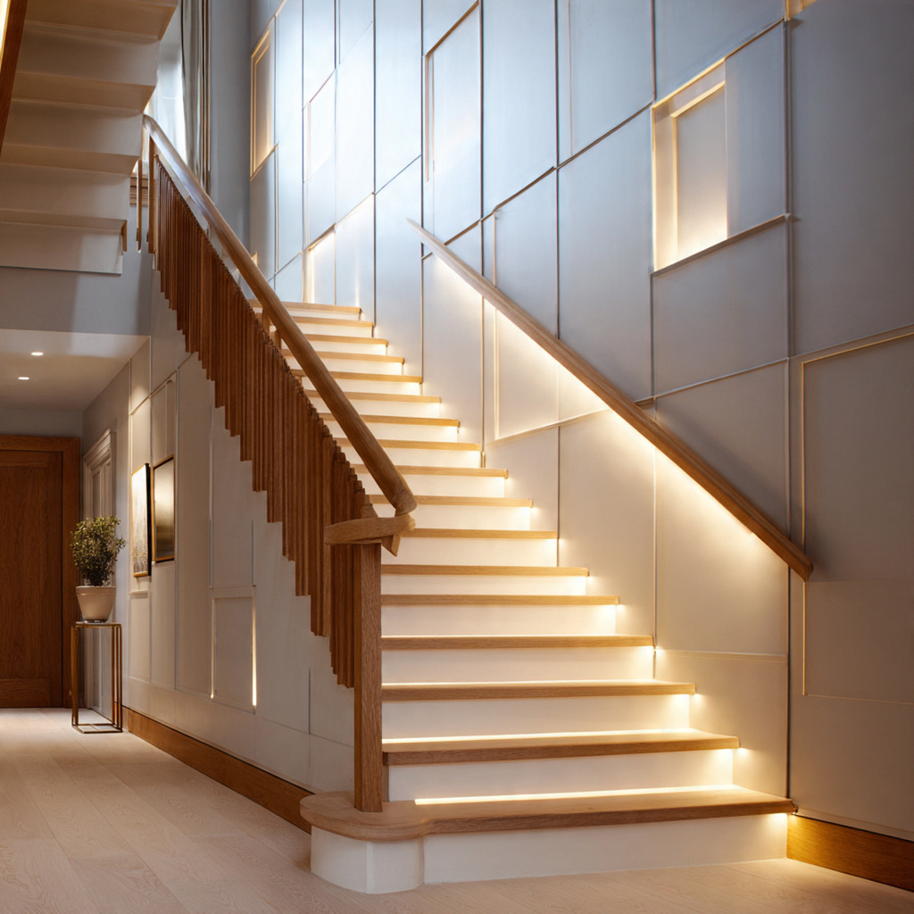 Minimalist staircase wall panels with integrated LED lighting creating a clean, modern, and elegant look