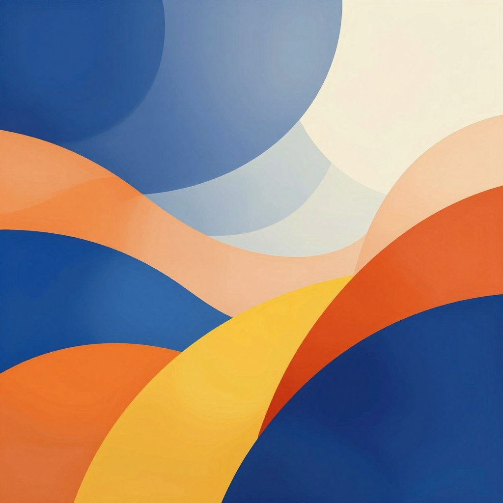 Modern abstract art wallpaper featuring a vibrant composition of bold shapes and colors. In the foreground, large geometric forms in hues of deep blue, fiery orange, and vivid yellow overlap and intertwine. The middle layer showcases softer, fluid lines that create a sense of movement, blending pastels with a touch of metallic sheen, enhancing depth. The background is a subtle gradient, shifting from deep indigo to soft cream, providing a calming contrast to the dynamic foreground. Soft, diffused lighting illuminates the scene, casting gentle shadows and highlighting textures. The overall mood is energetic yet sophisticated, channeling the feeling of a contemporary art gallery. The design is perfect for inspiring stunning wallpaper ideas that would captivate any space.
