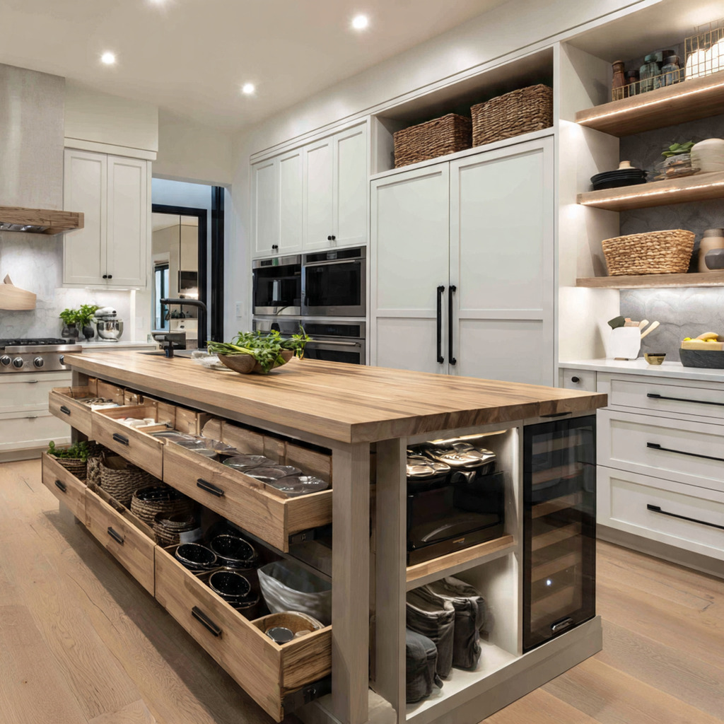 Modern farmhouse kitchen island with drawers, open shelving, and built-in storage