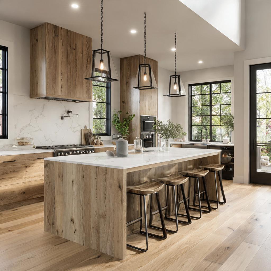 Modern farmhouse kitchen island with rustic wood and sleek white countertop in a chic, contemporary kitchen