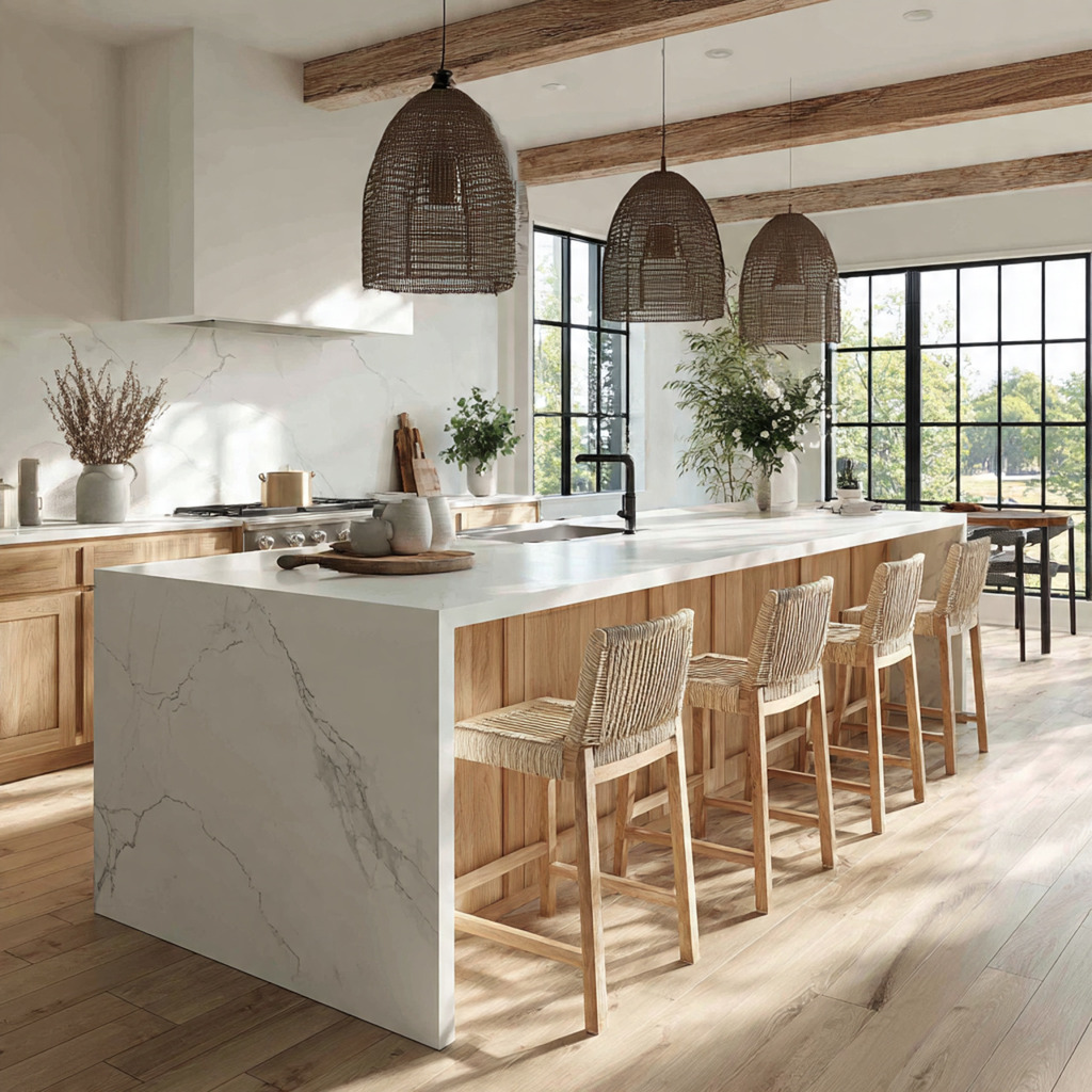 Modern farmhouse kitchen island with waterfall marble countertop and warm wood base