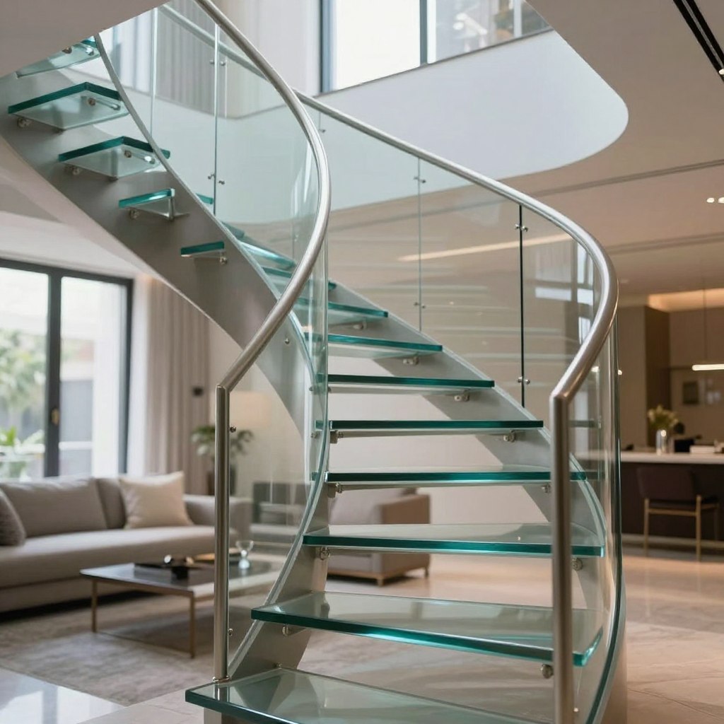 Modern staircase with glass treads and steel railing